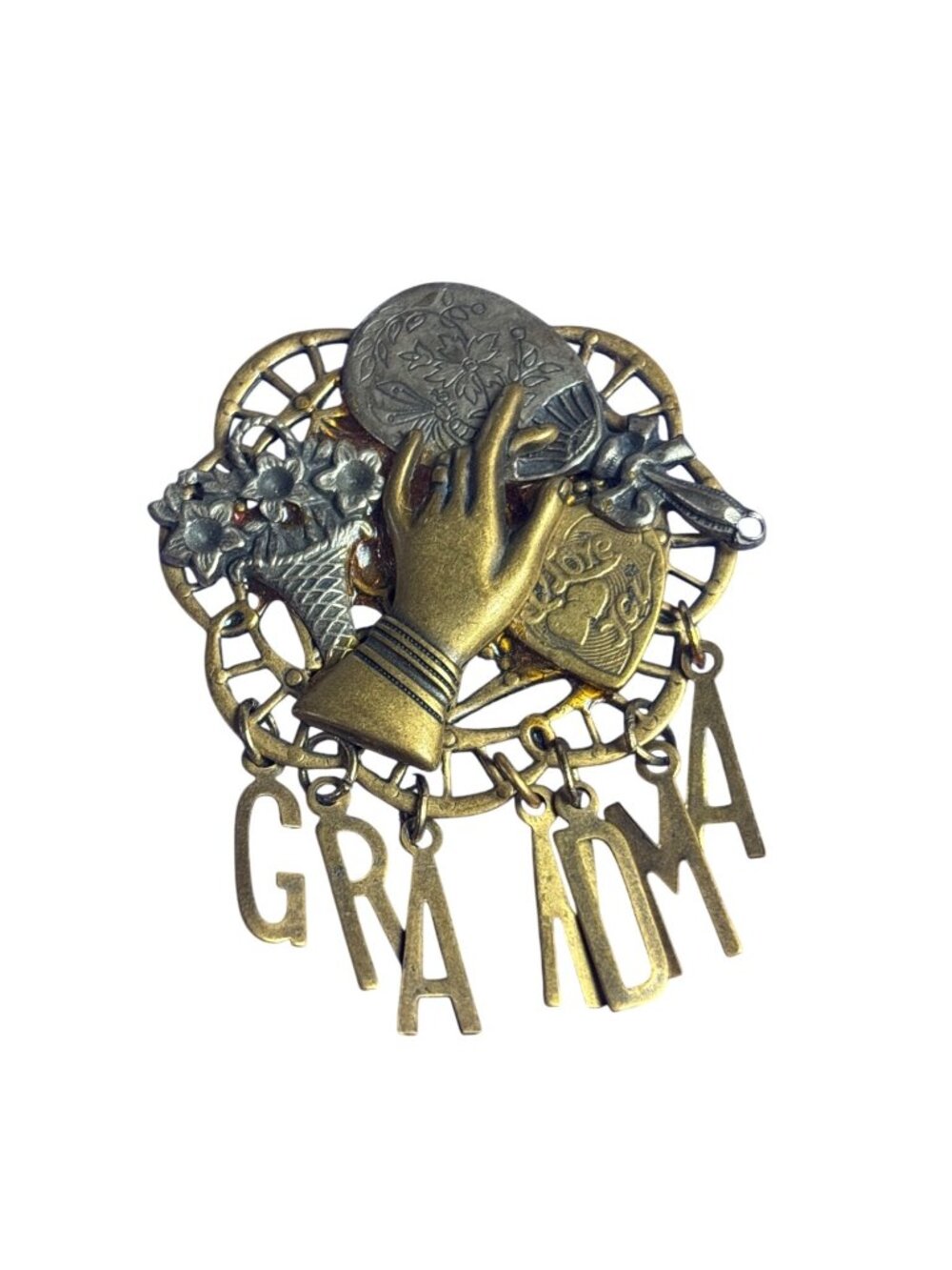 Artisan Antiqued Goldtone Silvertone Grandma Brooch Pin Hand Mirror Flower Heart